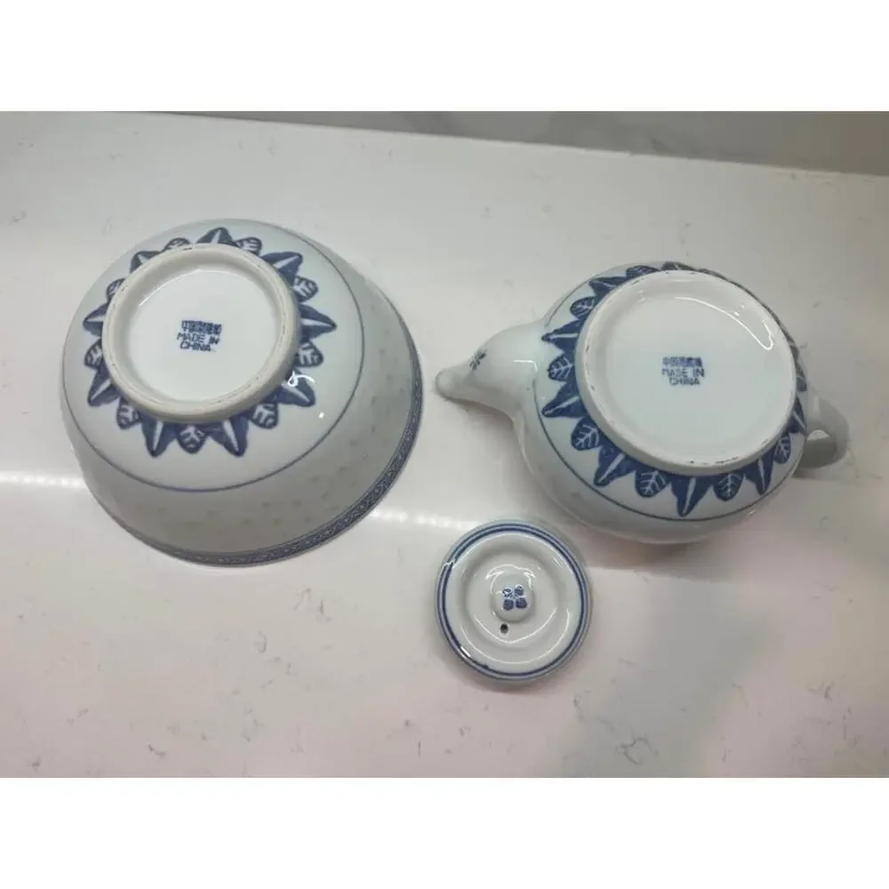 Vintage Chinese Rice Grain Blue and White Set - Teapot With Lid & Serving Bowl